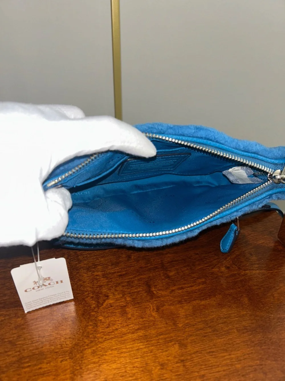New Coach Rhyder Shearling Small Crossbody Pochette - Peacock